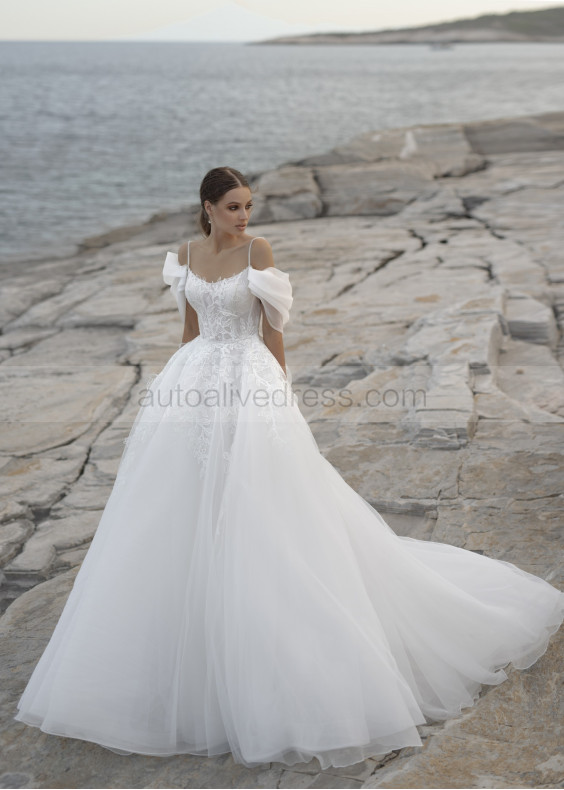 Beaded Thin Straps Ivory Lace Tulle Unique Wedding Dress